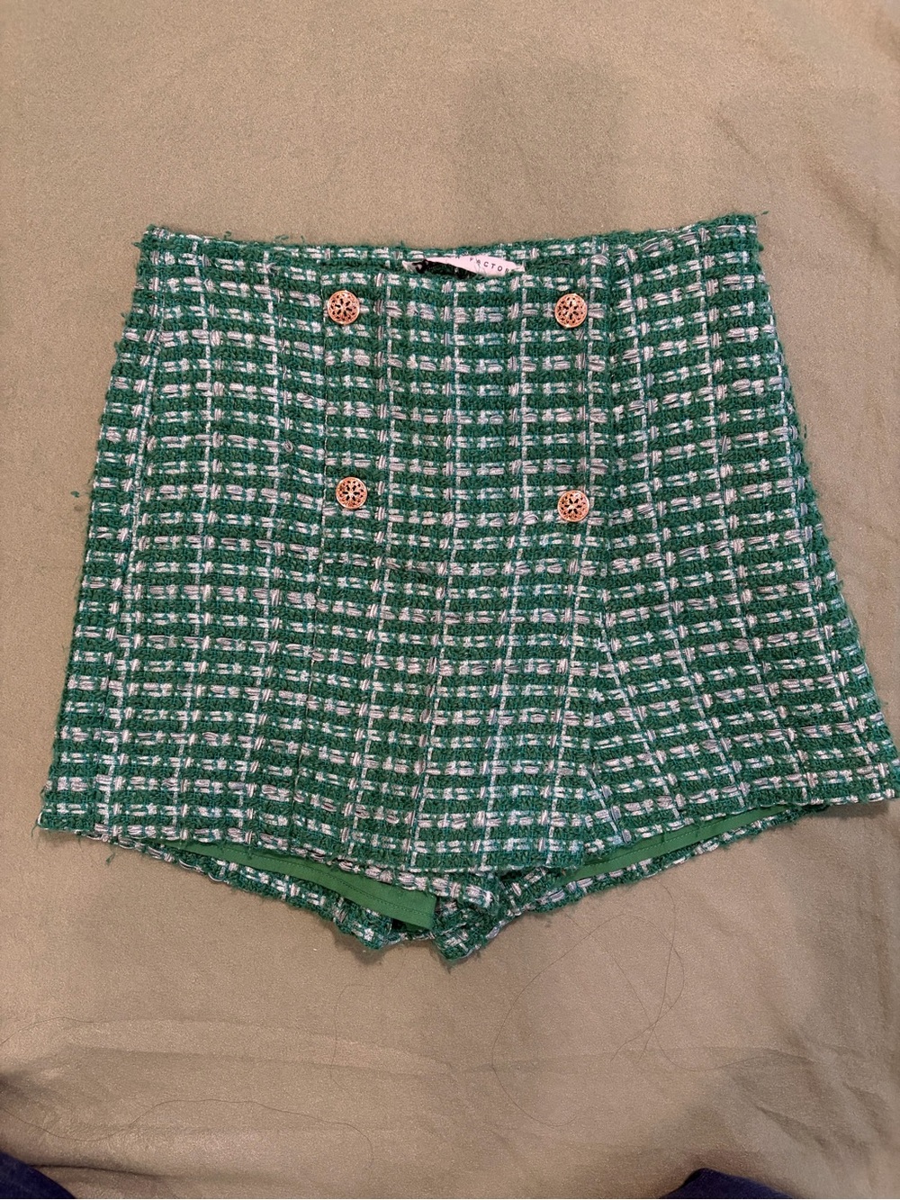English Factory Emerald Green Tweed High-Waist Double-Button Shorts